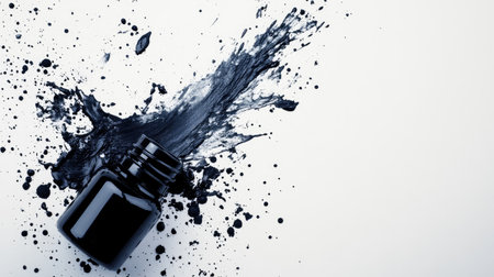 An overhead shot of ink splatters spilling from a tipped-over black ink bottle on a clean white background.の素材