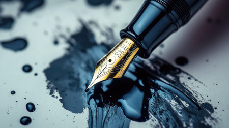 An elegant fountain pen dipping into a bottle of ink, with ink splatters adding artistic flair.の素材