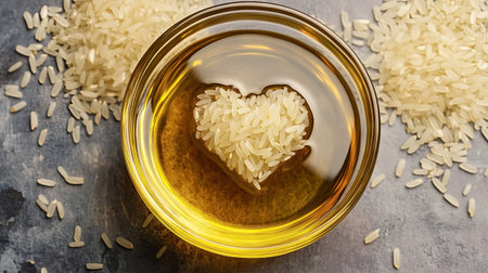 Artistic capture of rice bran oil in a transparent bowl with rice grains forming a heart around it.の素材