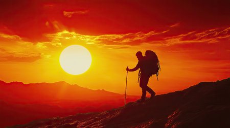 A trekker with walking poles silhouetted against a fiery sunrise on a rugged desert plateau.の素材