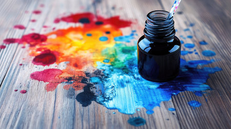 Abstract ink blots in multiple colors spread around an ink bottle on a wooden desk.の素材