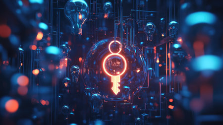 A digital key unlocking a vault filled with glowing ideas and innovation iconsの素材