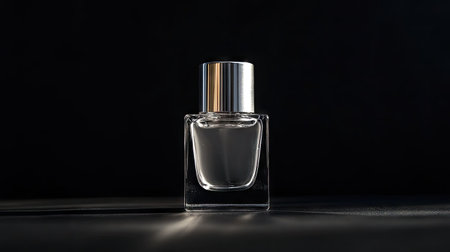 A clear glass nail polish bottle with transparent liquid placed against a minimalist black backgroundの素材