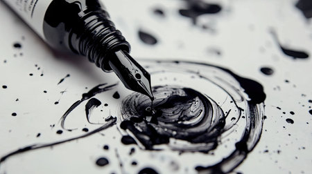 A close-up of an open ink bottle with a dripping pen, surrounded by abstract ink blots on white paper.の素材