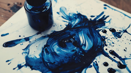 Abstract ink blots spreading outward on wet paper near a bottle of deep blue ink.の素材