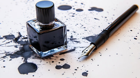 A glass ink bottle with a calligraphy pen resting beside it, surrounded by artistic ink stains.の素材