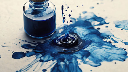 Abstract ink blots spreading outward on wet paper near a bottle of deep blue ink.の素材