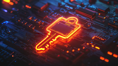 A glowing key emerging from a computer screen, representing the digital tools for successの素材