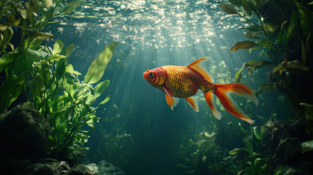 A dramatic underwater shot of a goldfish swimming among vibrant green plants in a large tank.の素材