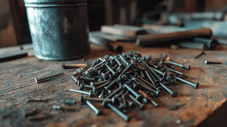 Assorted nails spilling out of a metal jar onto a rustic wooden table in a workshopの素材