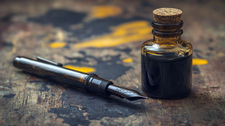 A glass ink bottle with a calligraphy pen resting beside it, surrounded by artistic ink stains.の素材