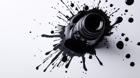 An overhead shot of ink splatters spilling from a tipped-over black ink bottle on a clean white background.の素材