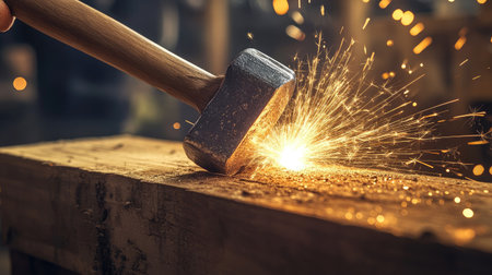A hammer striking a nail into a wooden plank, with sparks flying dramaticallyの素材