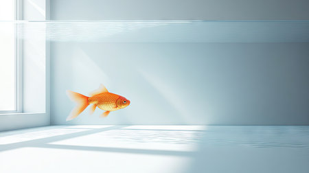 A goldfish swimming alone in a clean, spacious tank with minimal decorations for a modern aesthetic.の素材