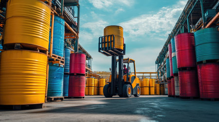 A forklift lifting a stack of colorful oil barrels in a bustling industrial yard during daylight.の素材