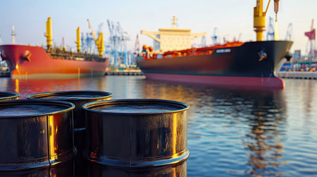 A group of oil barrels being loaded onto a ship at a busy port, with cranes in the background.の素材