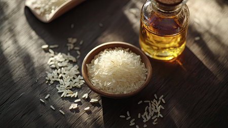 A glass bottle of rice bran oil with a bowl of oil and scattered rice grains on a dark wooden table.の素材