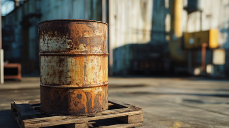 A metal barrel with oil stains sitting on a wooden pallet in a modern warehouse setting.の素材
