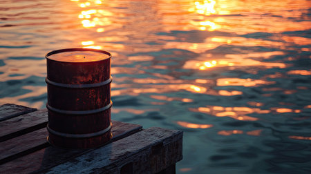A single oil barrel on a dock by the water, reflecting the colors of the sunset.の素材