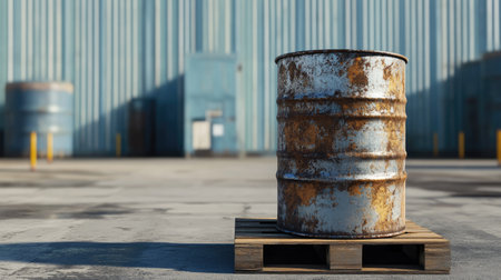 A metal barrel with oil stains sitting on a wooden pallet in a modern warehouse setting.の素材