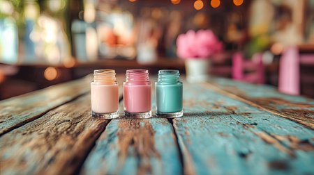 A set of mini nail polish bottles in soft pastel shades displayed on a rustic wooden tableの素材