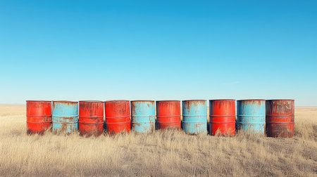 Blue and red oil barrels lined up next to each other under a clear blue sky in an open field.の素材