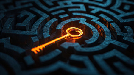 A maze with a glowing key at the center, symbolizing finding the way to successの素材