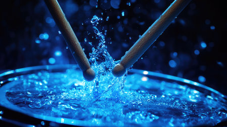 A pair of drumsticks mid-air, moments before hitting a snare drum covered in water, illuminated by vibrant blue light.の素材