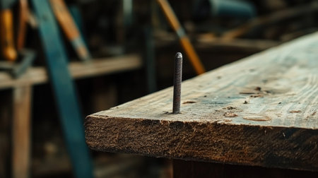 A single large nail driven halfway into a wooden beam, surrounded by construction toolsの素材