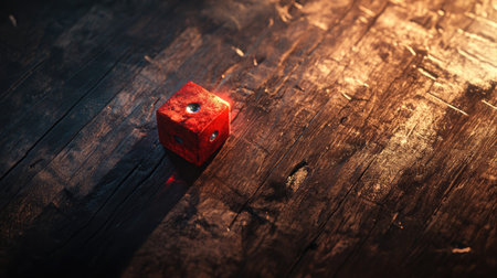 A single red die with sharp edges placed on a textured wooden surface with dramatic lightingの素材