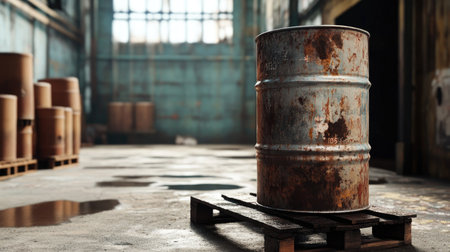 A metal barrel with oil stains sitting on a wooden pallet in a modern warehouse setting.の素材