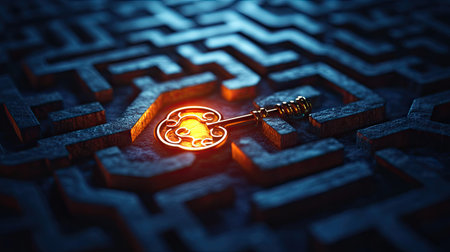 A maze with a glowing key at the center, symbolizing finding the way to successの素材