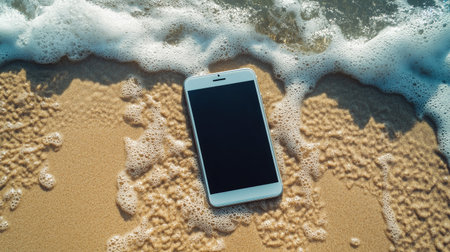 A smartphone with a blank screen lying on sand, with water waves gently approaching in a tropical beach settingの素材