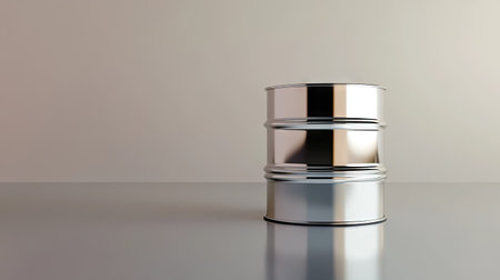 A single, shiny silver oil barrel placed on a reflective surface in a minimalist studio setting.の素材