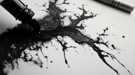 Black ink seeping into paper from a bottle, forming organic, tree-like patterns.の素材