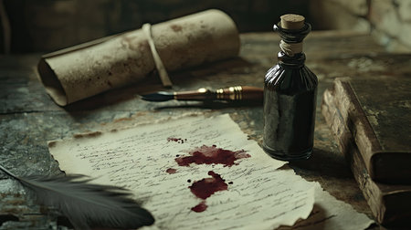 A vintage-style scene with an old ink bottle, a feather quill, and delicate ink blots on parchment paper.の素材