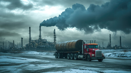 A truck unloading oil barrels at a refinery under a cloudy sky, capturing an industrial mood.の素材