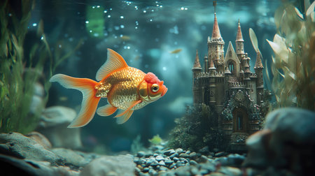A single goldfish swimming near a castle-shaped ornament in a lively home aquarium.の素材