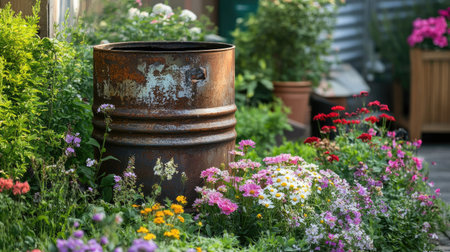 A weathered oil barrel used as a planter in an urban garden, surrounded by flowers.の素材