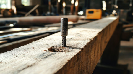 A single large nail driven halfway into a wooden beam, surrounded by construction toolsの素材