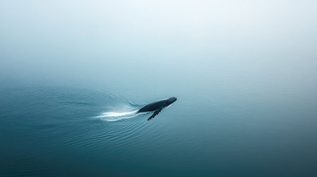 A lone humpback whale diving into the vast, calm ocean, leaving a small swirl of foam behind.の素材