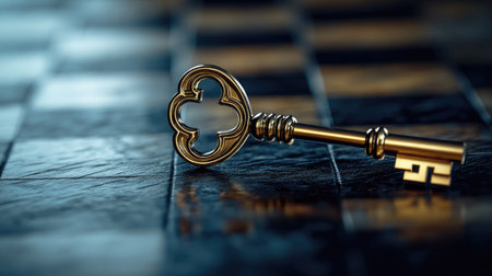 A shining key sitting on a chessboard, symbolizing strategy as the key to success in businessの素材