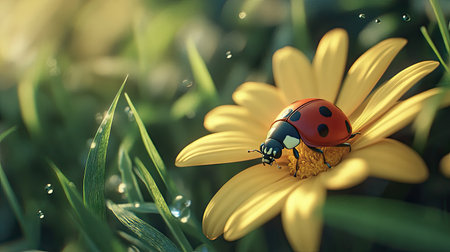 A ladybug crawling delicately on the petals of a yellow daisy in a lush garden settingの素材