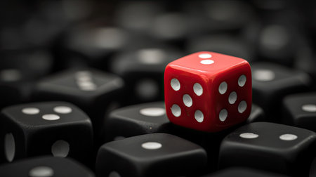 A single red die standing out among a group of monochrome dice, representing individualityの素材