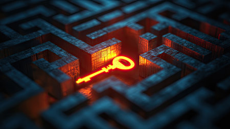 A maze with a glowing key at the center, symbolizing finding the way to successの素材