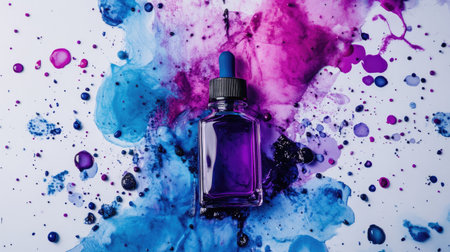 A tipped ink bottle surrounded by splattered ink blots in vibrant shades of purple and blue.の素材