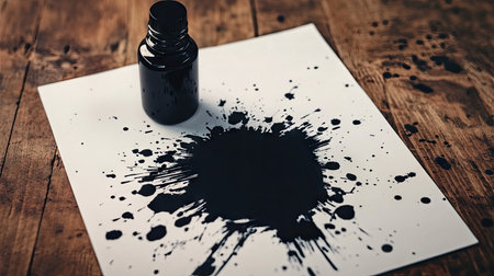 A large, dramatic ink blot dominating a sheet of paper next to a modern black ink bottle.の素材