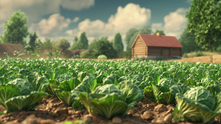 A thriving cabbage field with a small wooden farmhouse visible in the backgroundの素材