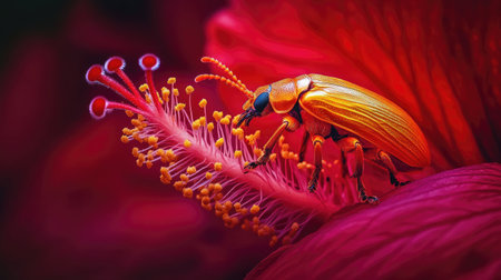 Bright orange beetle perched on a deep red hibiscus, highlighted by the intricate texture of the petalsの素材