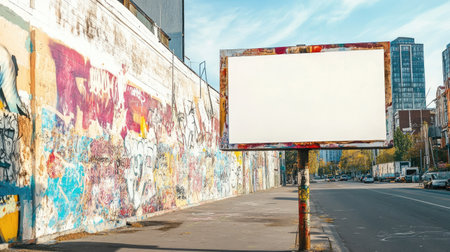Blank billboard in a trendy downtown area, colorful graffiti and modern architecture adding to its edgy vibeの素材